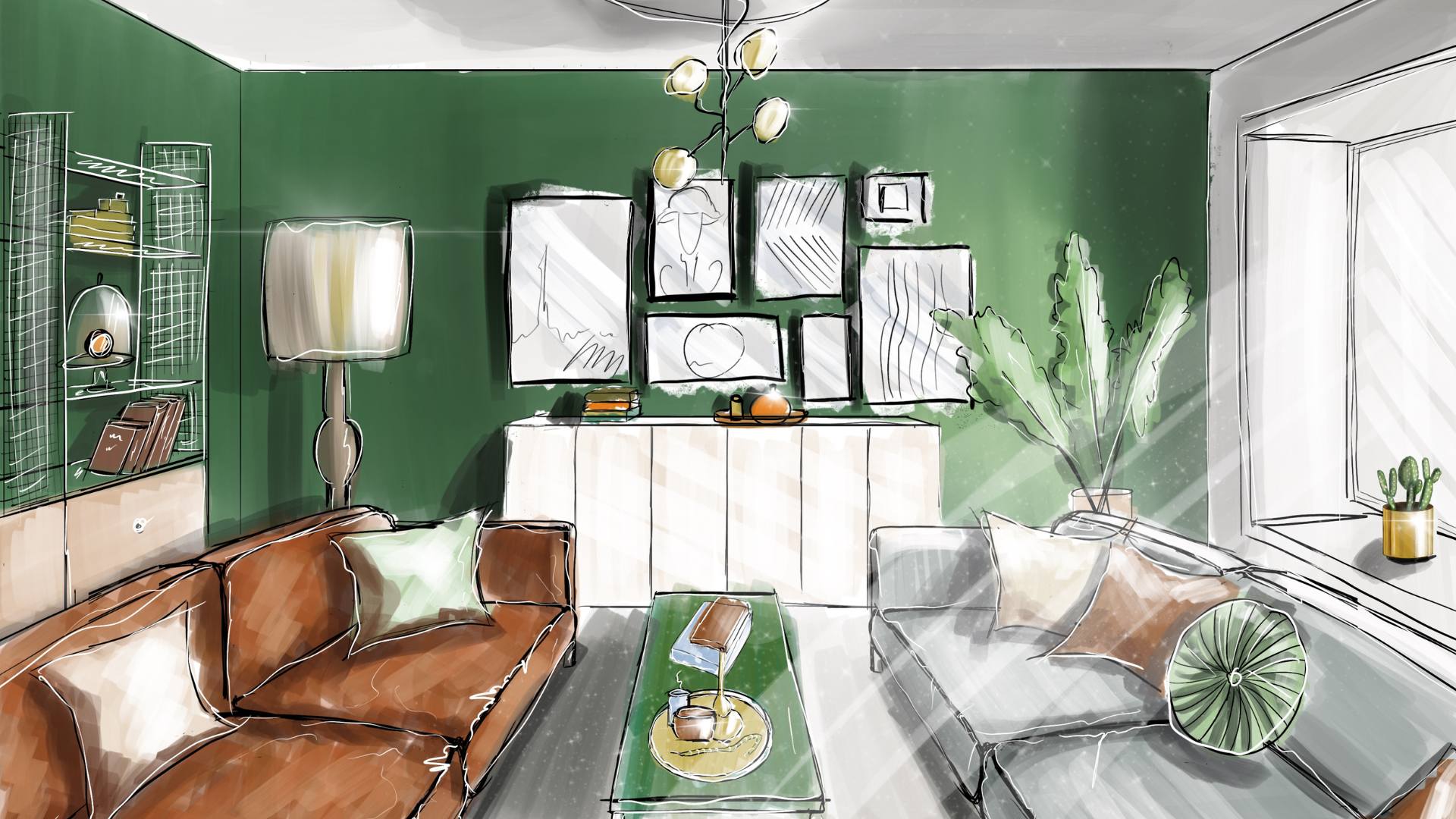 Dessin d'un salon vert